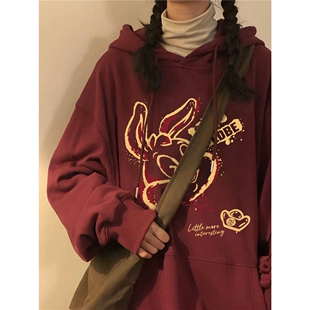 加绒大码 2023兔年本命年带帽厚卫衣女oversize宽松情侣装 冬季 外套
