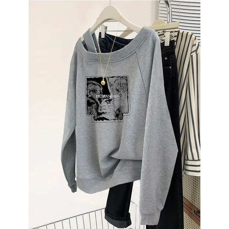 薄款斜肩美式复古早秋卫衣