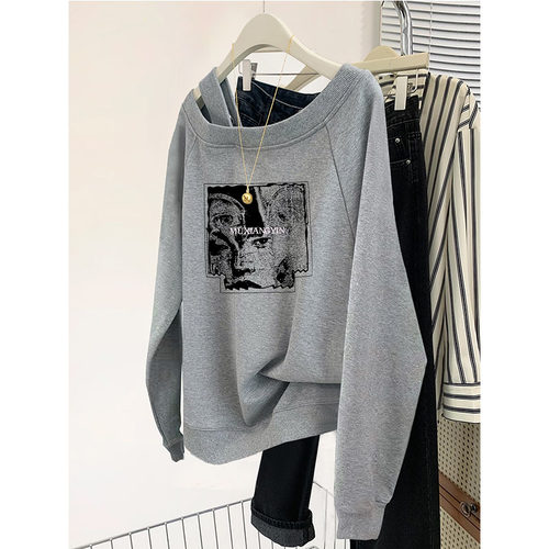 薄款斜肩美式复古早秋卫衣