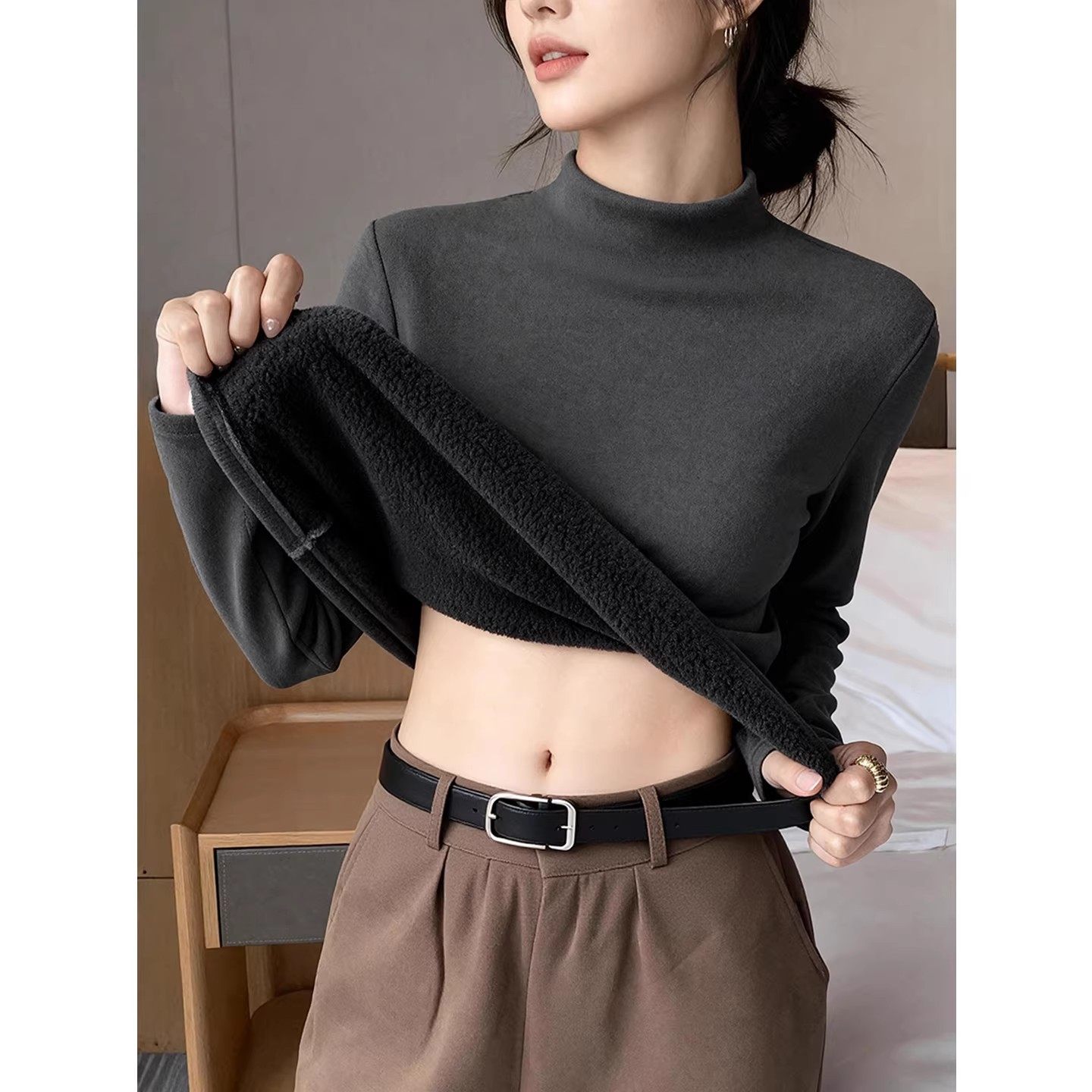 漂亮内搭加绒打底衫女长袖深灰色超厚t恤半高领酷飒拽姐上衣ins潮,女装/女士精品,T恤,淘宝优惠券,粉丝福利购,淘宝优惠卷