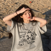 宽松半袖 胖mm慵懒风卡通减龄灰色正肩短袖 t恤女夏季 chic别致上衣
