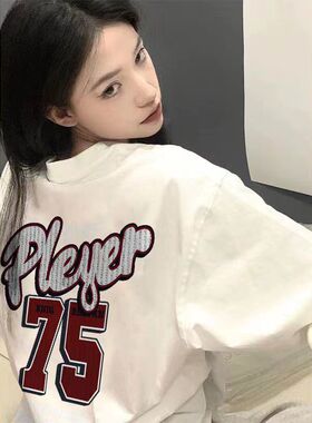 胖mm新款白色t恤女夏美式街头风vintage大码纯棉短袖ins甜辣上衣