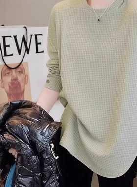 慵懒感华夫格长袖T恤女绿色中长款遮屁股加绒大码开叉上衣ins潮牌