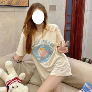 韩风chic上衣奶系oversize大码t恤女ins潮温柔慵懒风减龄短袖洋气