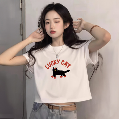 小猫卡通T恤女正肩短袖露脐上衣