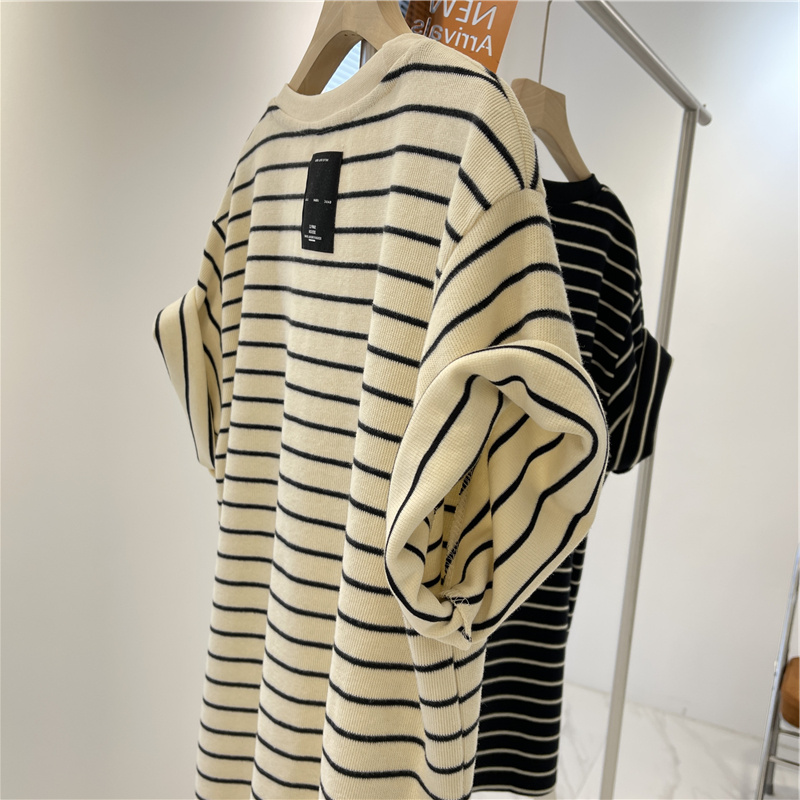 大码复古夏季新款oversize短袖条纹t恤女宽松慵懒风设计感上衣ins