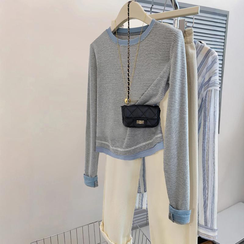 假两件条纹长袖t恤圆领正肩上衣