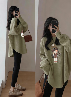 超火cec大码美式穿搭华夫格加绒长袖T恤女绿色藏肉chic别致上衣服