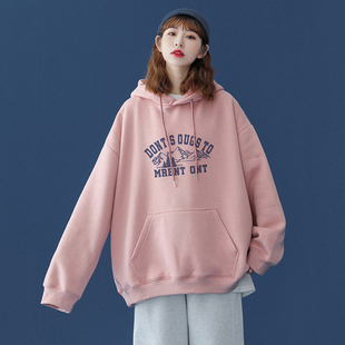 vintage古着大码 外套 粉色卫衣女秋加绒宽松hiphop高街甜酷连帽衫