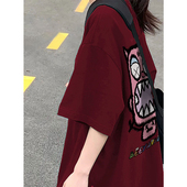 美式 设计感上衣 纯棉酒红T恤女ins百搭夏季 复古短袖 hiphop潮牌大码