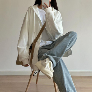 原宿风纯色连帽卫衣外套女秋2024新款薄款开衫ins潮胖mm大码上衣