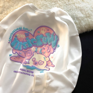 ins潮牌宽松胖mm印花长袖 加厚白色卫衣大码 加绒韩版 秋季 上衣 女装