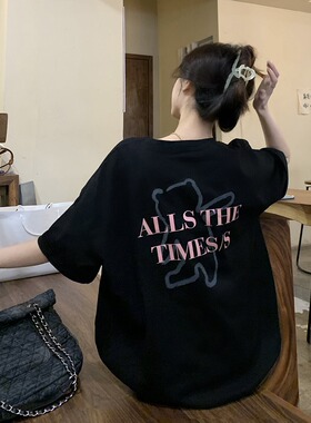 美式街头风T恤女oversize大码纯棉夏季ins潮复古显瘦黑色短袖上衣