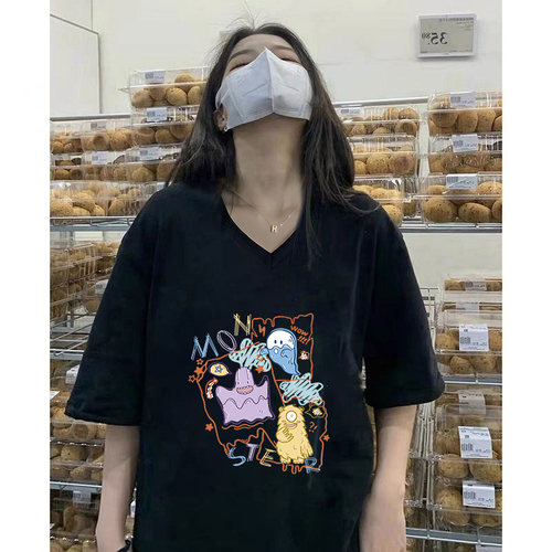 短袖港味高级感V领小众纯棉T恤