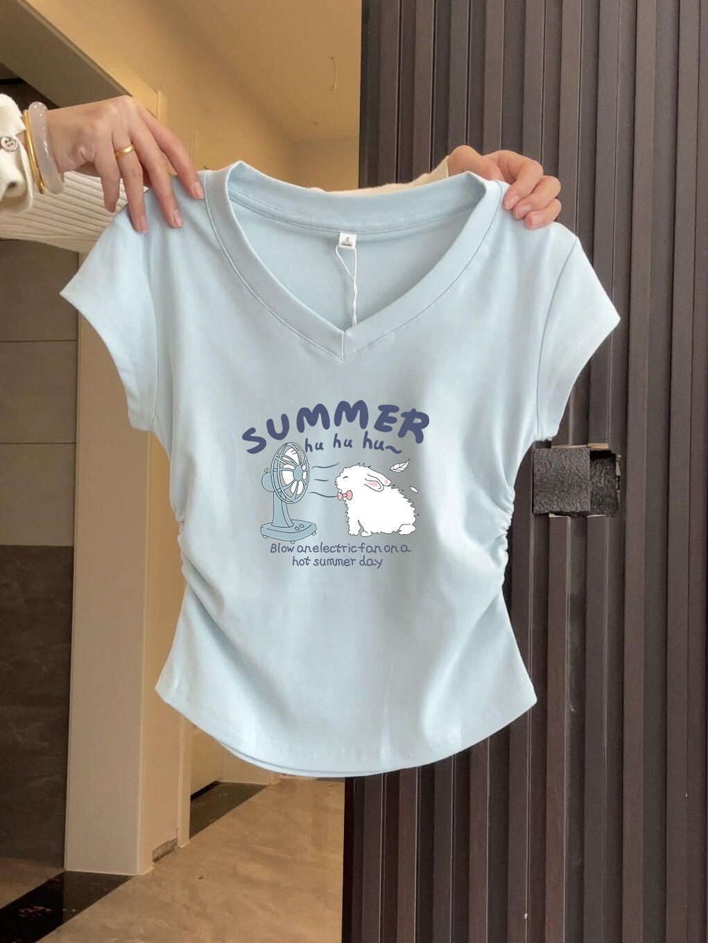 短袖美式短款遮肚V领T恤