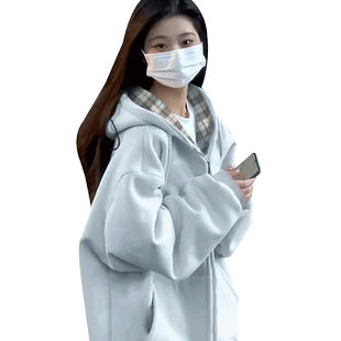春秋季多巴胺大码卫衣外套女日系chic连帽拉链开衫格子设计感上衣