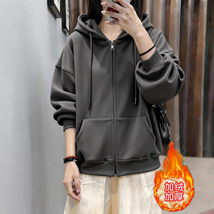 2026年春加绒卫衣连帽拉链开衫高中女生穿搭韩系松弛感带帽外套潮