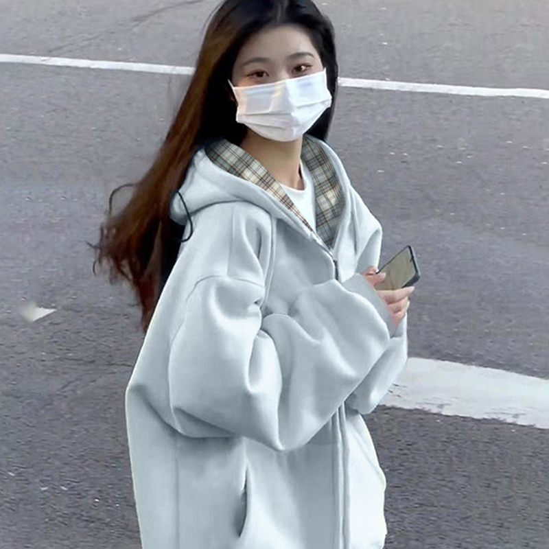 春秋季多巴胺卫衣外套女格子设计