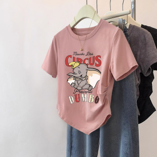 短袖 甜酷风粉色印花T恤女夏季 短款 不规则下摆上衣ins修身 胖mm大码