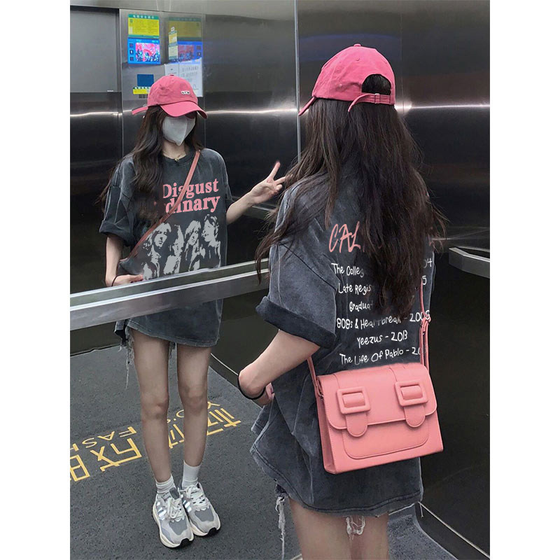 大码hiphop美式做旧t恤女ins潮牌复古街头风短袖水洗纯棉上衣夏季