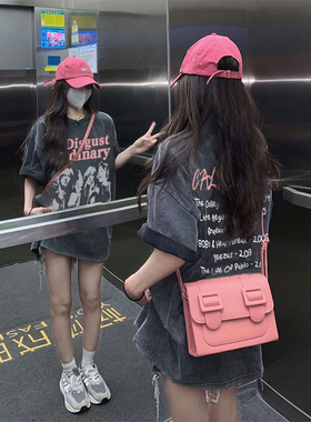 大码hiphop美式做旧t恤女ins潮牌复古街头风短袖水洗纯棉上衣夏季