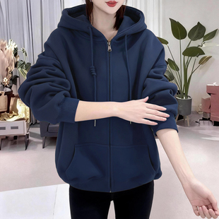 卫衣女港味复古拉链厚外套加绒上衣 街头风连帽开衫 hiphop大码 美式