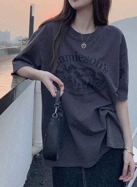 灰色t恤女大码bf风美式复古高级感短袖ins潮纯棉小众显瘦半袖上衣