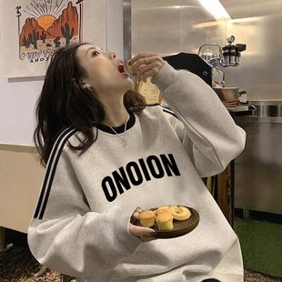 春秋卫衣女oversize大码百搭灰色中性风外套ins套头条纹闺蜜上衣