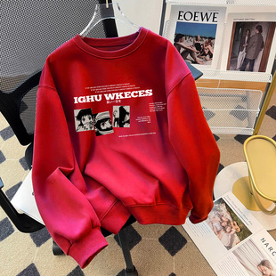 本命年红色上衣hiphop潮牌大码 喜庆龙年卫衣女ins潮秋冬加绒外套