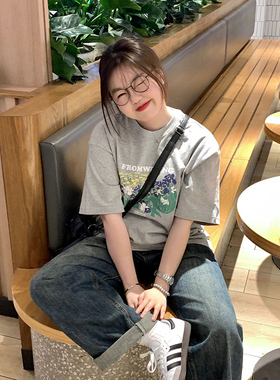 韩系chic灰色纯棉短袖大码宽松oversizet恤女夏胖mm遮肚上衣藏肉