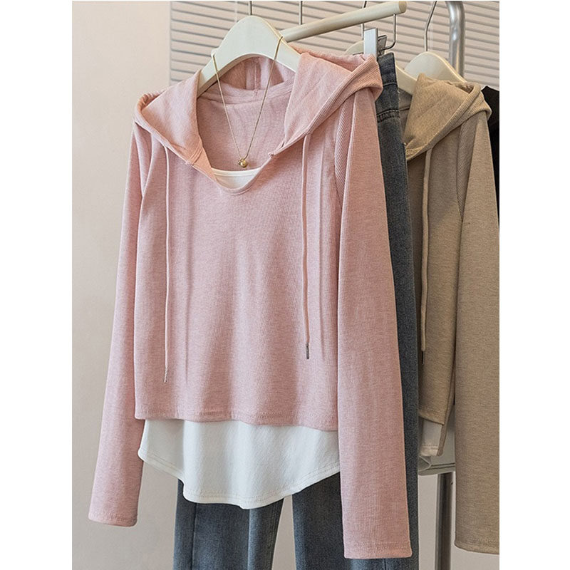甜美风秋冬打底上衣女微胖mm大码宽松假两件粉色连帽卫衣ins外套