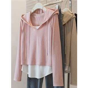甜美风秋冬打底上衣女微胖mm大码 宽松假两件粉色连帽卫衣ins外套