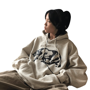 bf慵懒风oversize大码连帽卫衣女春秋2021新款设计感宽松长袖上衣