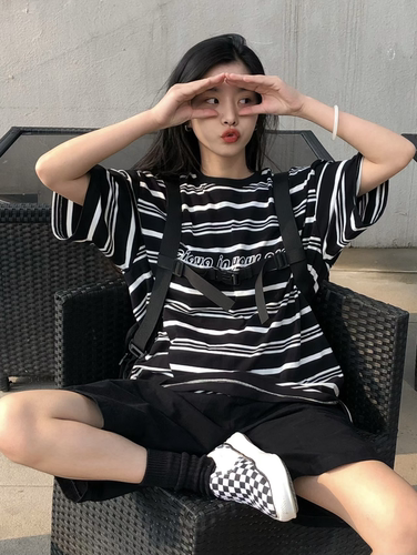 美式街头条纹短袖t恤男女大码ins