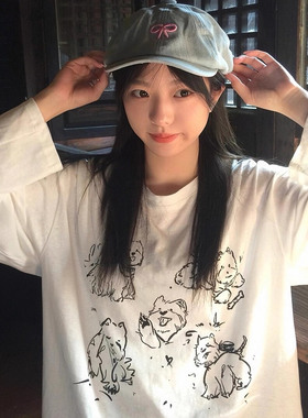 胖mm美式白色涂鸦小狗长袖T恤女港味古着内搭打底衫遮肉上衣ins潮