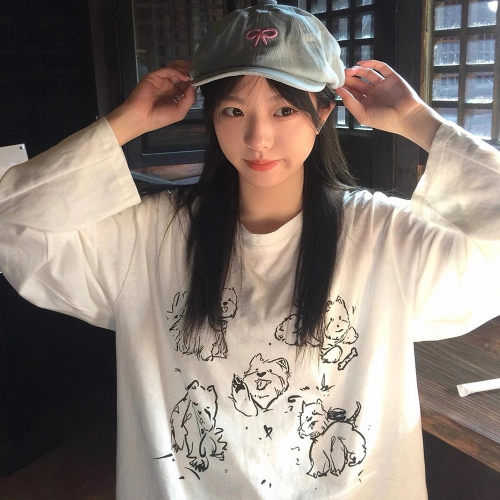 胖mm美式白色涂鸦小狗长袖T恤女