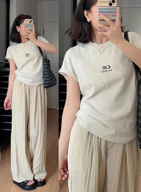 2024夏款大码女装灰色正肩t恤女韩版chic修身小飞袖短袖ins潮上衣