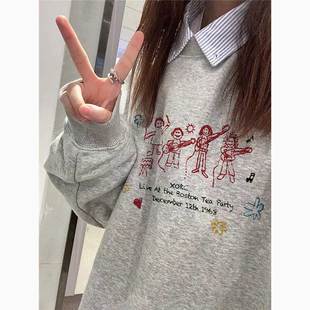 美式复古chic大码圆领卫衣女秋冬加绒加厚小个子正肩学院风上衣潮