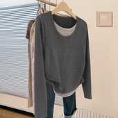 早秋女装 内搭潮 T恤ins设计感修身 上衣chic复古美式 辣妹假两件长袖