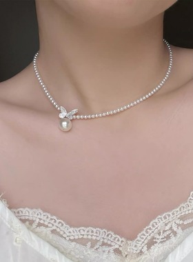s925纯银施家强光珍珠蝴蝶项链女轻奢小众设计级感秋冬锁骨颈链