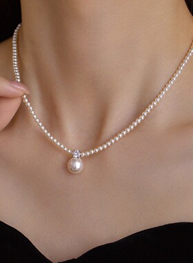 S925纯银贝珠珍珠项链女轻奢百搭高级感正圆戴妃款吊坠毛衣链颈链