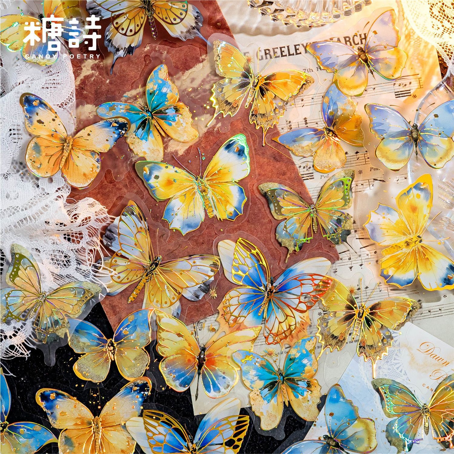 雾面PET立体烫金白墨贴纸包-繁花之蝶系列 复古蝴蝶手帐装饰贴画图片