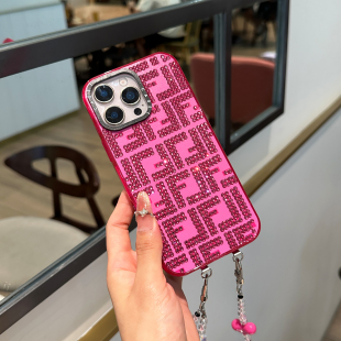 全包时尚 原创潮牌芬迪贴钻适用于iPhone17promax保护套15pro经典 老花字母苹果16pro高级感14promax玫红女款