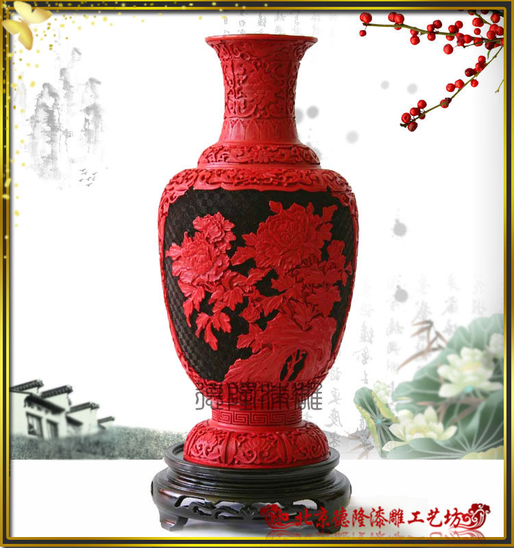 漆器直销纳财摆件质量保障祝寿生日礼品开业礼物漆雕15寸牡丹花瓶