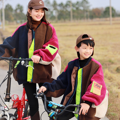 哲思凡亲子装秋款母子母女装男女童羊羔毛复合撞色时尚外套潮