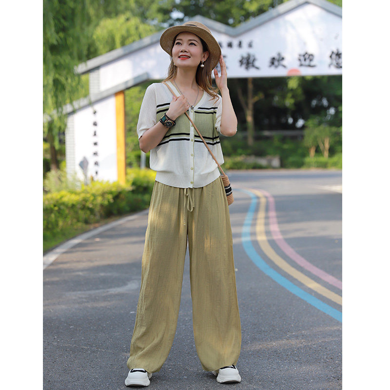 哲思凡女装夏季新品黄绿色皱皱布凉爽休闲裤阔腿裤