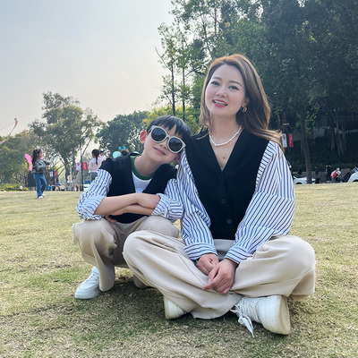 哲思凡亲子装春季款母子母女装条纹针梭织拼接开衫男女童T恤潮