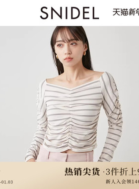 SNIDEL春夏款V领露肩褶皱修身长袖条纹百搭上衣SWCT241202
