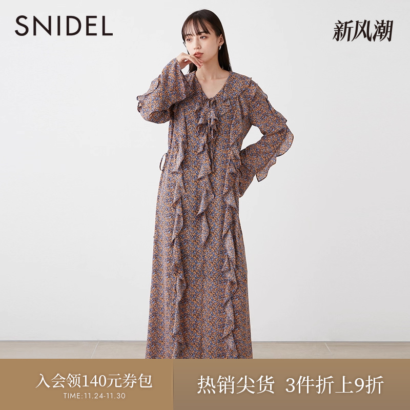 SNIDEL长袖印花雪纺连衣裙