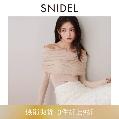 SNIDEL一字肩堆堆领露肩针织衫